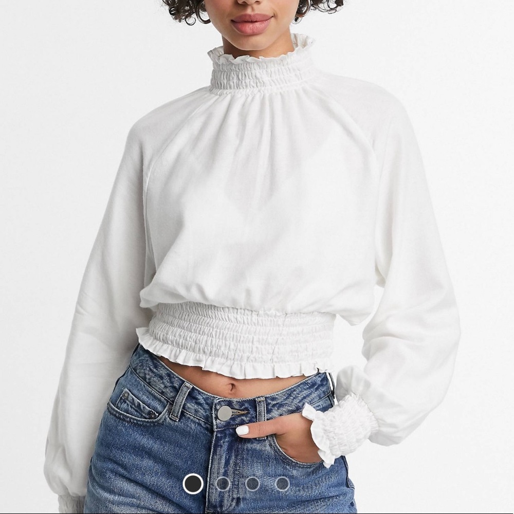 Ivory 70s revival shirred crop long sleeve off white blouse peasant